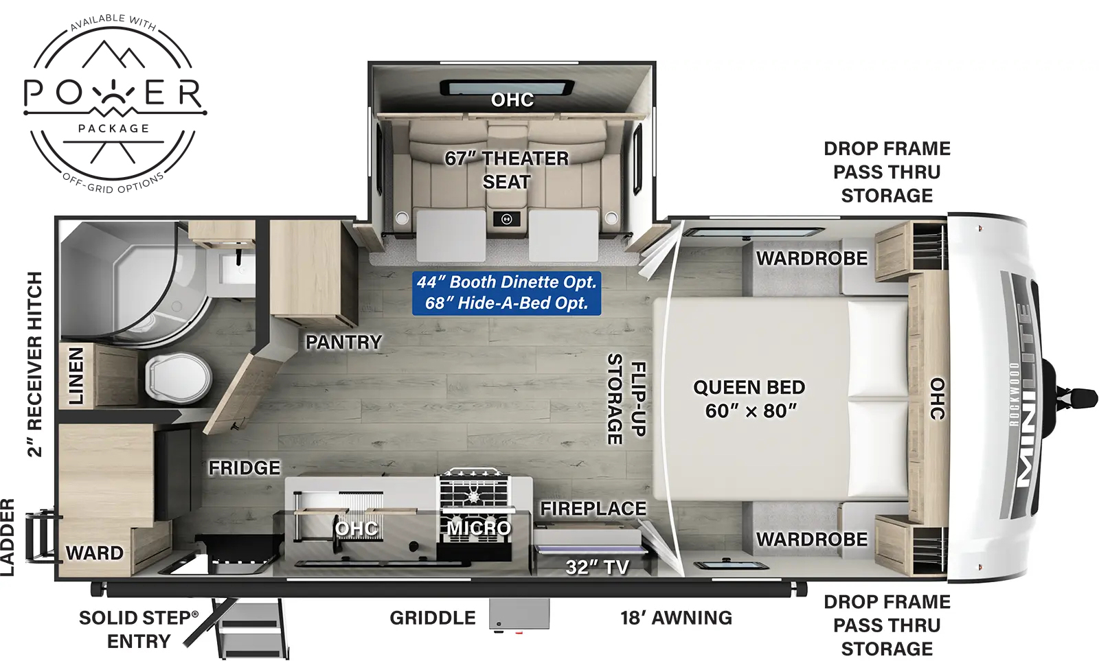 The Rockwood Mini Lite 2205S floorplan has one entry and one slide out. Exterior features include: fiberglass exterior and 18' awning. Interiors features include: front bedroom.
